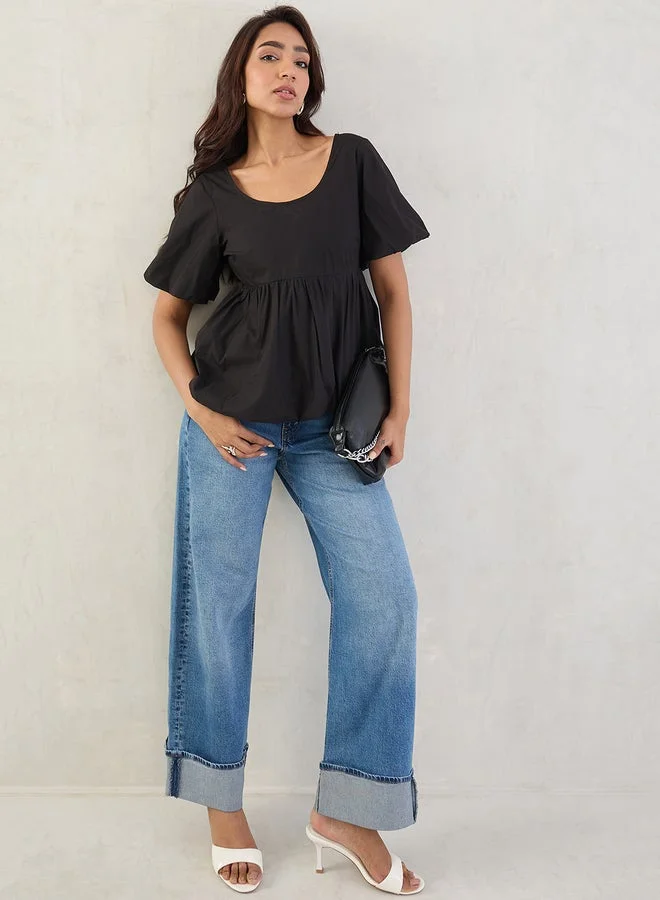 Femmella  Femmella Black Poplin Peplum Hem Top for Women | Best Price UAE