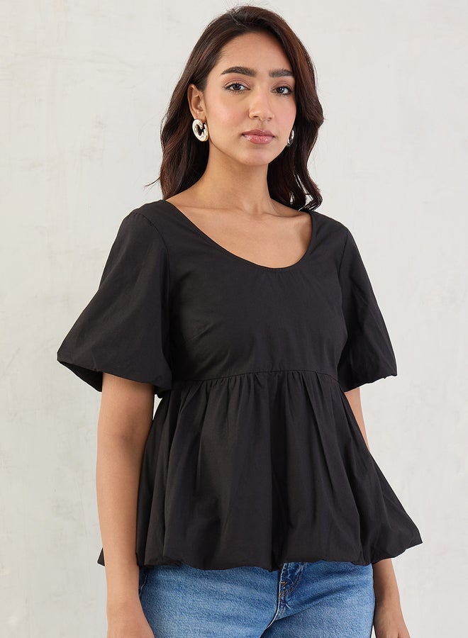 Femmella Black Poplin Peplum Hem Top - Image 1