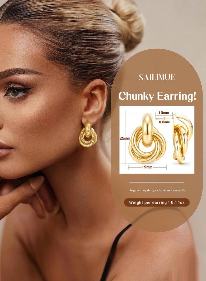 sailimue 14K Gold Plated Knot Statement Earrings for Women Hypoallergenic Chunky Drop Dangle Earrings - Lightweight Fashion Accessories Gold Jewelry Gifts for Womens Trendy, Metal, Cubic Zirconia - Image 5