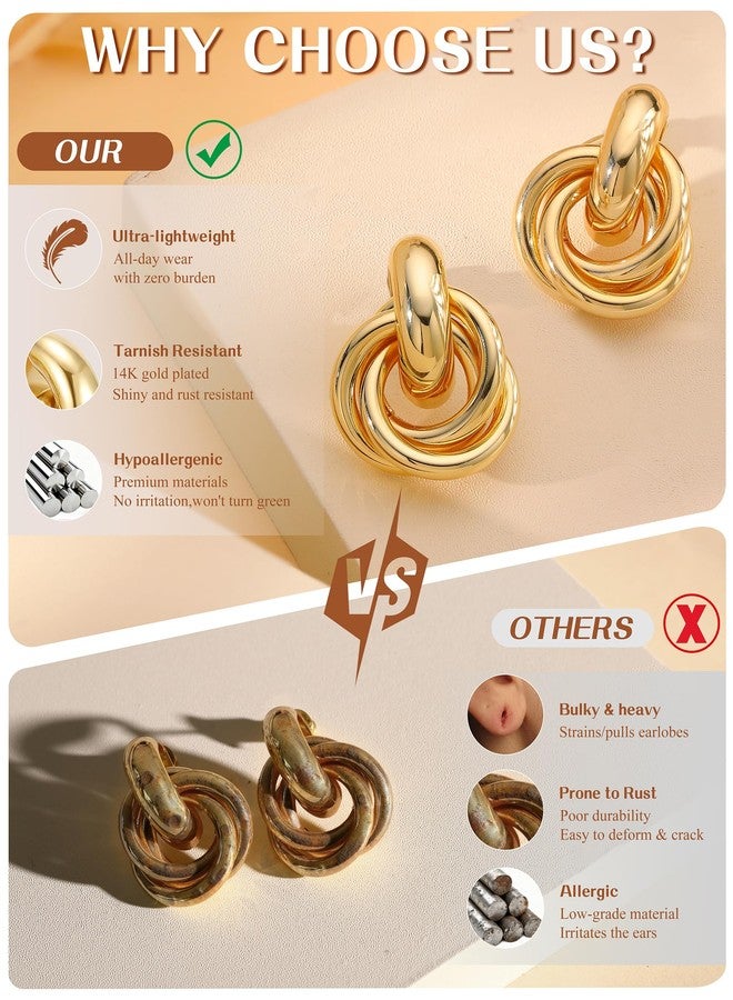 sailimue 14K Gold Plated Knot Statement Earrings for Women Hypoallergenic Chunky Drop Dangle Earrings - Lightweight Fashion Accessories Gold Jewelry Gifts for Womens Trendy, Metal, Cubic Zirconia - Image 4