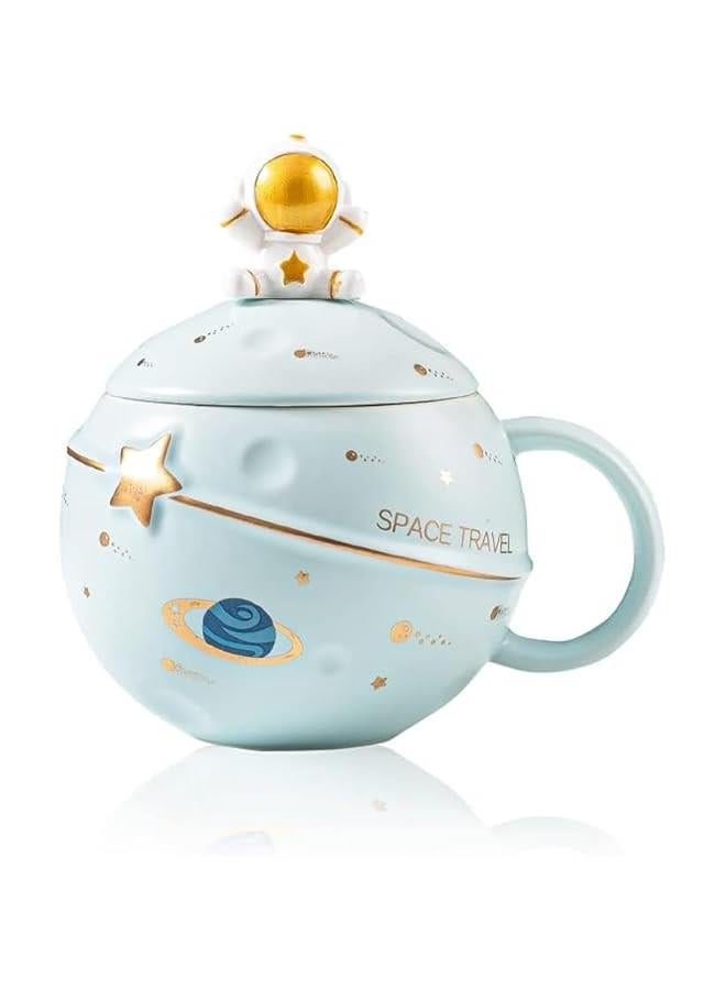 هوكور TRASSLE Cute Space Ceramic Mug,Kawaii Astronaut Coffee Cup, Funny Mugs with Lid and Spoon, Personalised Cups for Coffee, Tea and Milk, Birthday Gifts for Women/Kids (Light Blue) - Image 1