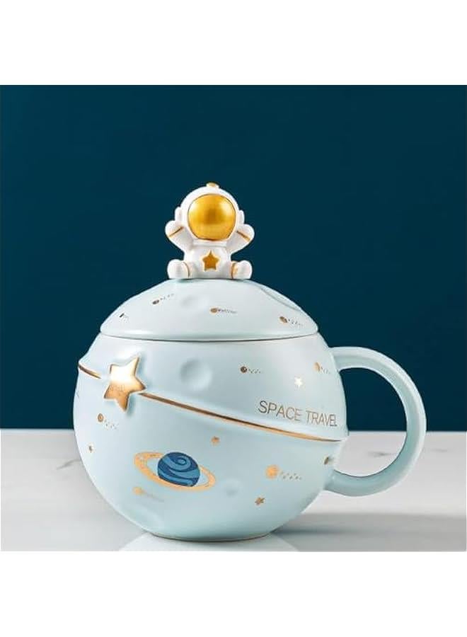 هوكور TRASSLE Cute Space Ceramic Mug,Kawaii Astronaut Coffee Cup, Funny Mugs with Lid and Spoon, Personalised Cups for Coffee, Tea and Milk, Birthday Gifts for Women/Kids (Light Blue) - Image 3