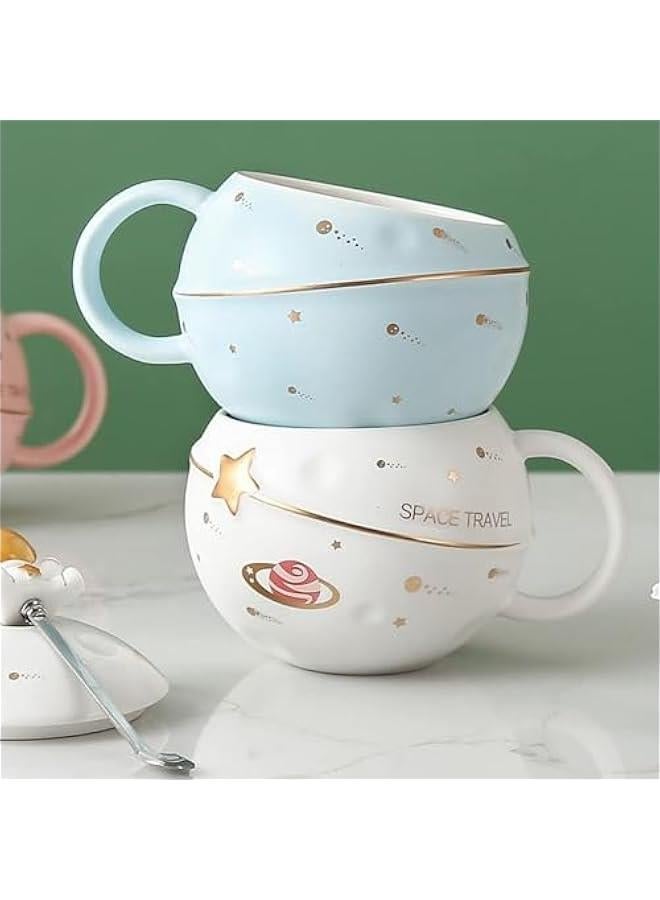 هوكور TRASSLE Cute Space Ceramic Mug,Kawaii Astronaut Coffee Cup, Funny Mugs with Lid and Spoon, Personalised Cups for Coffee, Tea and Milk, Birthday Gifts for Women/Kids (Light Blue) - Image 4