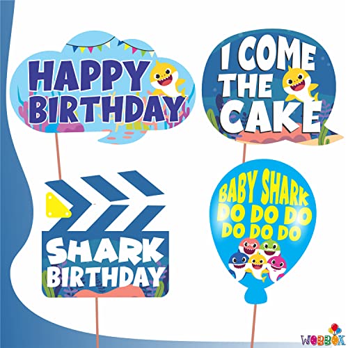WOBBOX Happy Birthday Baby Shark Theme Photo Booth Party Props Blue & Yellow Color, Birthday Party Deocration Items, Party Decoration Item (13 Pcs) - Image 2