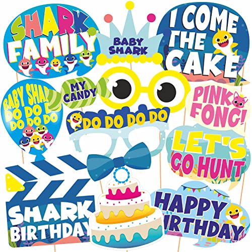 WOBBOX Happy Birthday Baby Shark Theme Photo Booth Party Props Blue & Yellow Color, Birthday Party Deocration Items, Party Decoration Item (13 Pcs) - Image 1