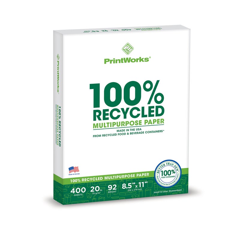 Printworks 100 Percent Recycled Multipurpose Paper, 20 Pound, 92 Bright, 8.5 x 11 Inches, 400 sheets (00018), White - Image 1