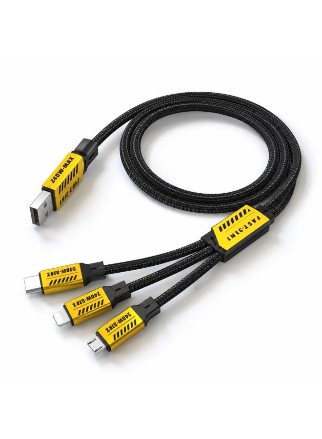 كابل شحن سريع 3 في 1 بقدرة 240 واط، بطول 1.2 متر، مزود بمنفذ USB متعدد المنافذ (Type-C، Micro USB، Lightning) ومضفر. - Image 1