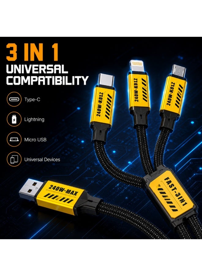 كابل شحن سريع 3 في 1 بقدرة 240 واط، بطول 1.2 متر، مزود بمنفذ USB متعدد المنافذ (Type-C، Micro USB، Lightning) ومضفر. - Image 2