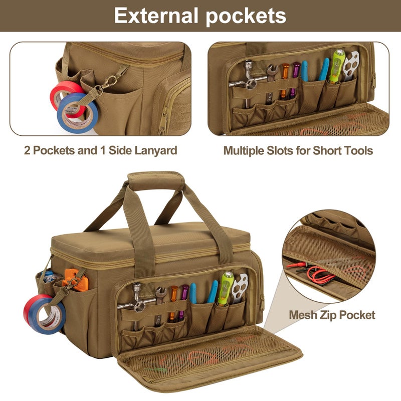 Rexmica 14-Inch Tool Bag with Anti-friction Bottom, Hand Tool Storage Organizer for Men, Tactical Range Bag, Multi-purpose Work Tote for Repairman, Carpenters, Handyman, Khaki - Image 3