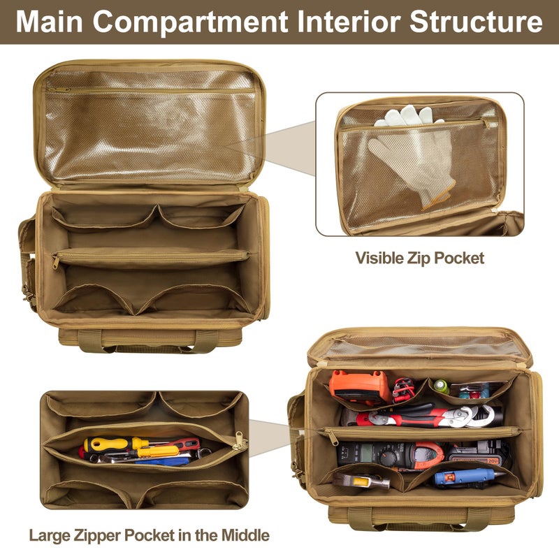 Rexmica 14-Inch Tool Bag with Anti-friction Bottom, Hand Tool Storage Organizer for Men, Tactical Range Bag, Multi-purpose Work Tote for Repairman, Carpenters, Handyman, Khaki - Image 2