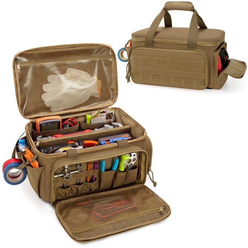 Rexmica 14-Inch Tool Bag with Anti-friction Bottom, Hand Tool Storage Organizer for Men, Tactical Range Bag, Multi-purpose Work Tote for Repairman, Carpenters, Handyman, Khaki - Image 1