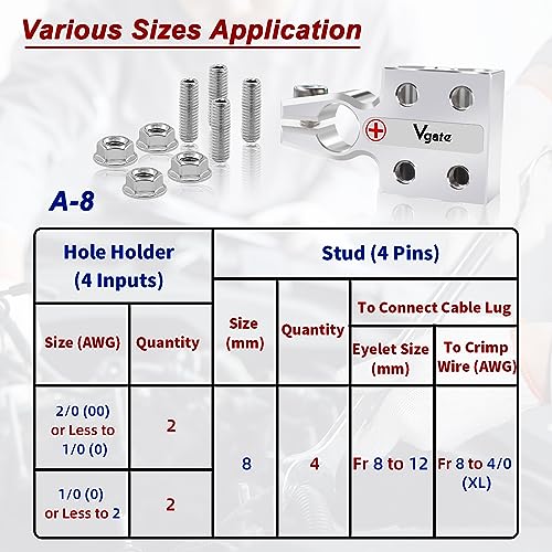 Vgate 8-Way Lead Acid Battery Terminal Connector, AGM Post Terminal Ends, 8AWG up to 4/0(XL) AWG Gauge, Positive & Negative for SAE/DIN/EN Tapered Top Post - Image 4