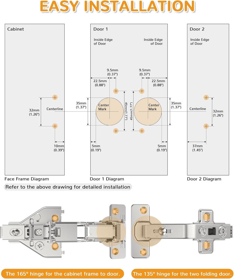 Chibery 4 Pair 135 Degree & 165 Degree Hinges Kit for Pie Corner Cabinets, Hidden Lazy Susan, Face Frame Self Closing, Clip On, Smooth Slow Close, Concealed Mount for Bi-fold Door, Kitchen Cupboard - Image 5