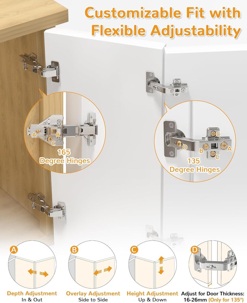 Chibery 4 Pair 135 Degree & 165 Degree Hinges Kit for Pie Corner Cabinets, Hidden Lazy Susan, Face Frame Self Closing, Clip On, Smooth Slow Close, Concealed Mount for Bi-fold Door, Kitchen Cupboard - Image 3