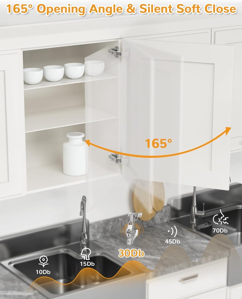 Chibery 4 Pair 135 Degree & 165 Degree Hinges Kit for Pie Corner Cabinets, Hidden Lazy Susan, Face Frame Self Closing, Clip On, Smooth Slow Close, Concealed Mount for Bi-fold Door, Kitchen Cupboard - Image 4