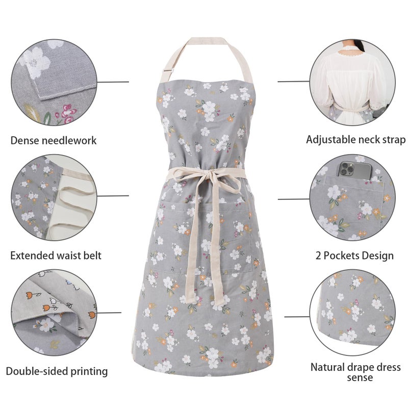 Aoomzoon Kitchen Aprons for Women with 2 Pockets,Double Sided Vintage Adjustable Apron for Gardening Cooking Arting Painting (Grey) - Image 5