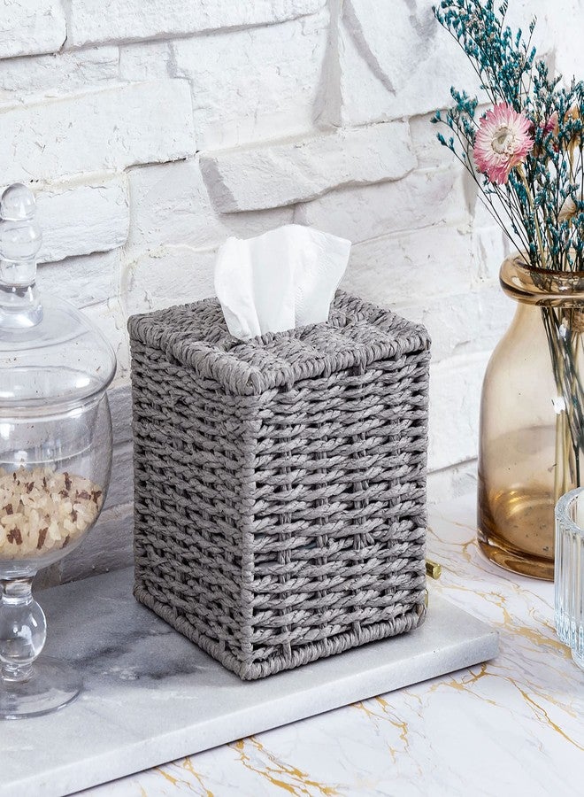 MyGift Gray Tissue Box Cover Square with Lid - Decorative Rattan Kleenex Holder, Woven Cube Tissue Holder for Bathroom Toilet Bedroom Living Room Kitchen Table Desk Office Car - Image 3