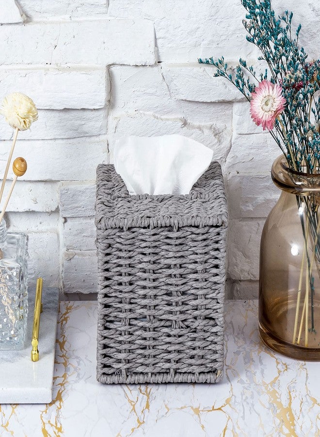 MyGift Gray Tissue Box Cover Square with Lid - Decorative Rattan Kleenex Holder, Woven Cube Tissue Holder for Bathroom Toilet Bedroom Living Room Kitchen Table Desk Office Car - Image 2