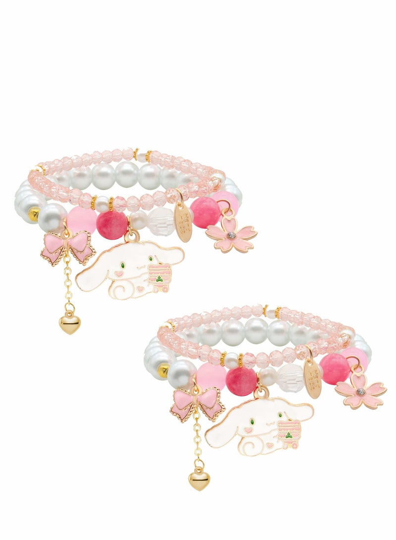 SYOSI Crystal Bead Bracelet 2 Pcs Cute Cartoon Crystal Beaded Elastic Bracelet for Girls and Ladies Small Fresh Simple Cute Cartoon Yugui Dog Crystal Pearl Bracelet - Image 1