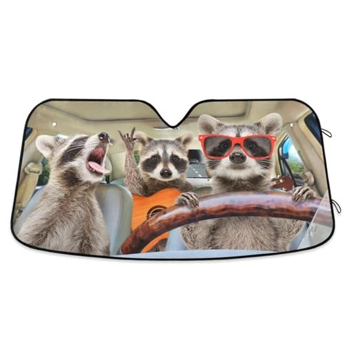 Oarencol Funny Raccoon Driving Animal Car Windshield Sun Shade Foldable UV Ray Sun Visor Protector Sunshade to Keep Your Vehicle Cool (57" x 31.5") - Image 1