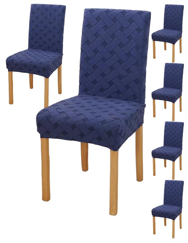 Styleys Elastic Chair Cover Stretch Removable Washable Short Jacquard Dining Chair Cover Protector Seat Slipcover (Pack of 6, Navy Blue, JCMC23) - Image 1