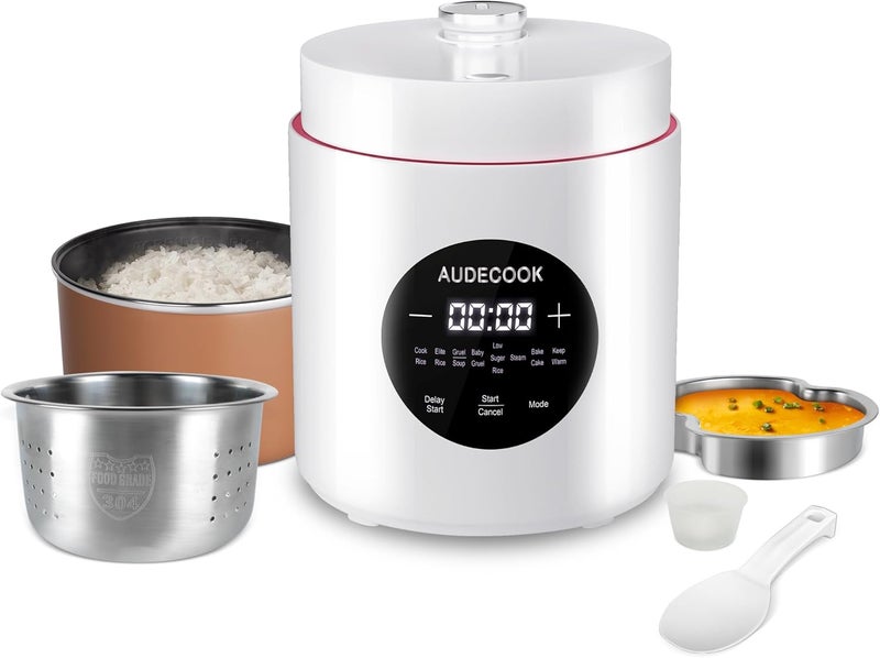 Audecook أوديكوك 1.5 لتر طباخ أرز مع وظيفة منخفضة الكربوهيدرات وبخار، 7 وظائف طباخ أرز صغير، طباخ متعدد رقمي، مؤقت، شاشة LED تحافظ على الدفء (أبيض) - Image 1