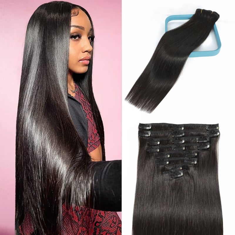 LORIEN Real Human Hair Clip in 100 Human Hair Extensions Brazilian Remy Human Hair Clip on Hair Extensions 8pcs Per Set with 18Clips Double Weft 20 Inch 1B Natural Black