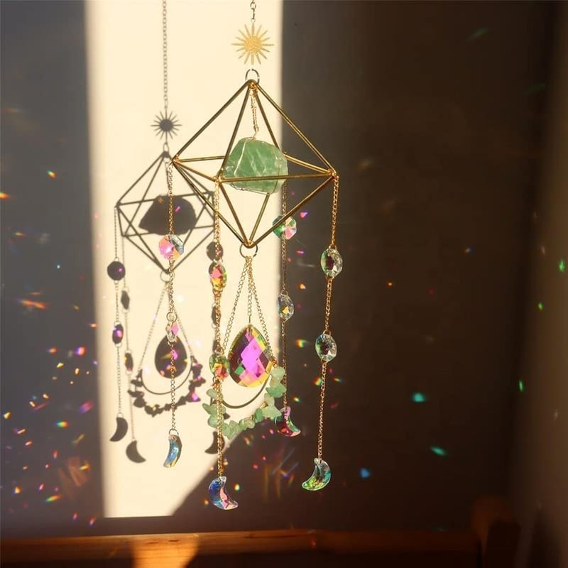 Pozbee Crystal Suncatchers for Windows Green Fluorite Gemstone Sun Catcher Hanging Rainbow Maker Crystal Boho Decor Indoor Outdoor Natural Stone Green Fluorite 