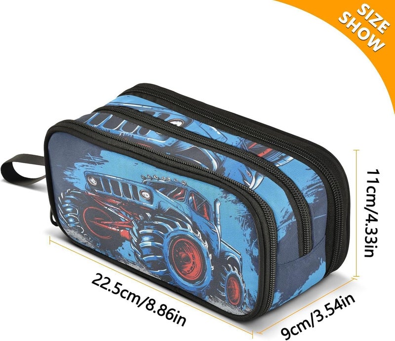 BOENLE Monster Truck Blue Pencil Case Box Boys Girls Large Pencil Pouch with Zipper Compartments Big Capacity Stationery Pen Bag Organizer for Kids Teens Adults School - Image 4