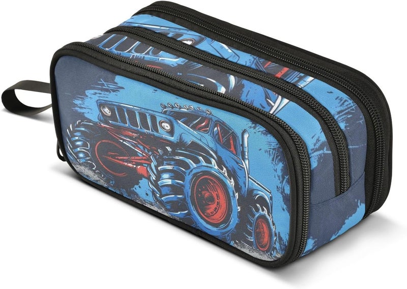 BOENLE Monster Truck Blue Pencil Case Box Boys Girls Large Pencil Pouch with Zipper Compartments Big Capacity Stationery Pen Bag Organizer for Kids Teens Adults School - Image 1