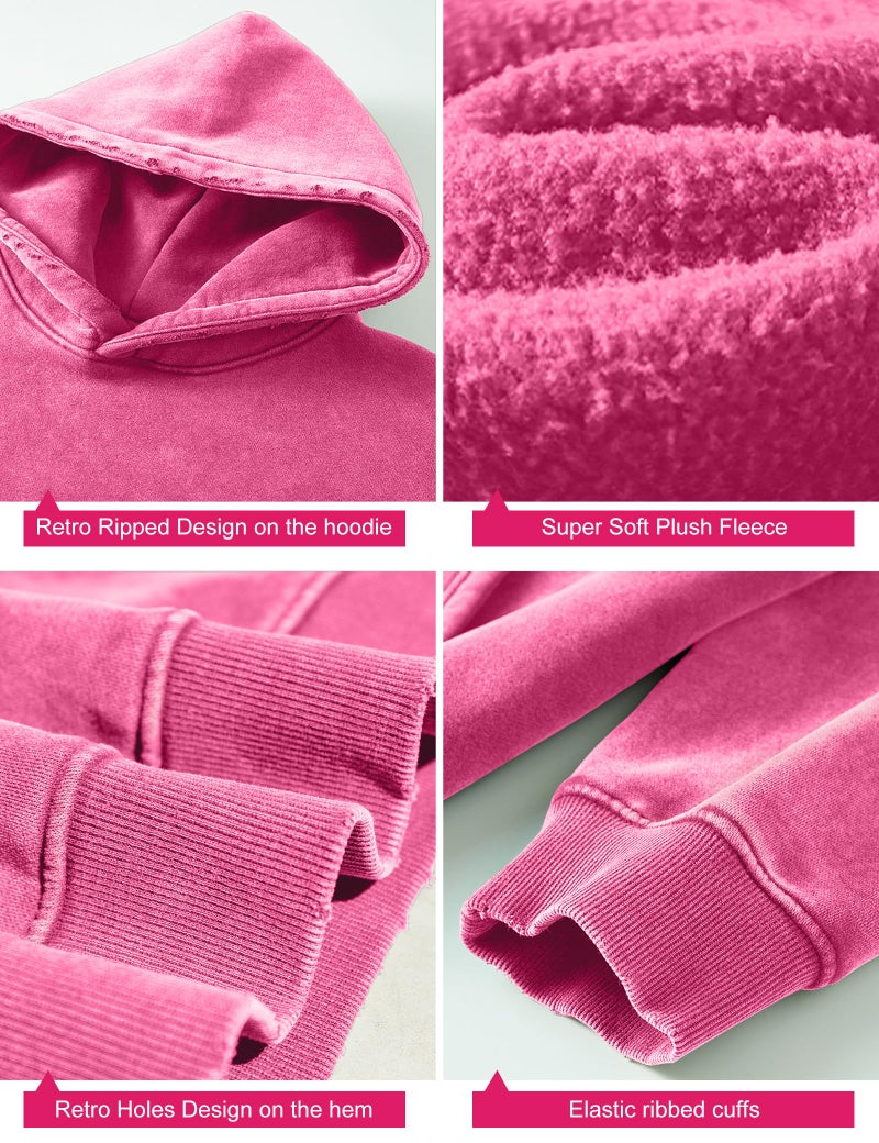 Dnzzs Womens Oversized Hoodie Acid Wash Hoodie Vintage Sweatshirt Heavyweight Fleece Cotton Streetwear Trendy Sweatshirts Rose Pink - Image 4