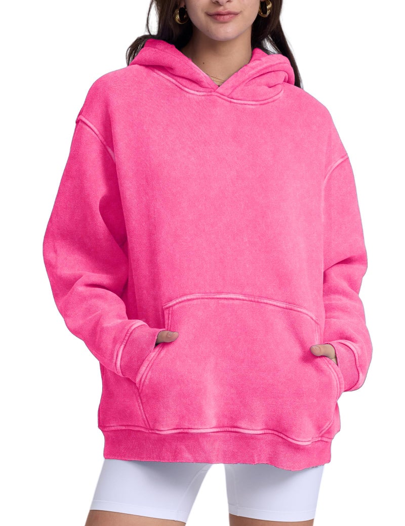 Dnzzs Womens Oversized Hoodie Acid Wash Hoodie Vintage Sweatshirt Heavyweight Fleece Cotton Streetwear Trendy Sweatshirts Rose Pink - Image 2