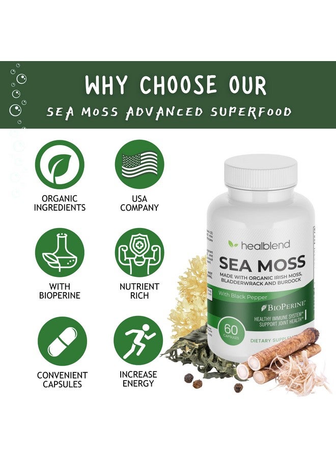 healblend Organic Sea Moss, Bladderwrack, Burdock, & BioPerine - 1405mg with Black Pepper - Natural Wellness and Detox Support Supplement - 60 Capsules - Image 3