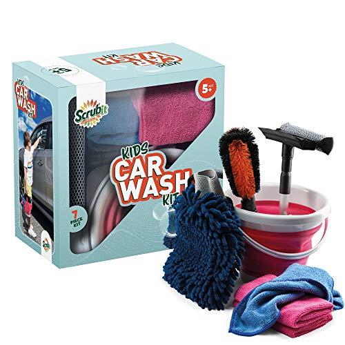 SCRUBIT Kids Car Wash Activity Kit 7 KidSized Carwash Accessories Gifts for Boys Girls Ages 5 6 7 810 Outdoor Fun Toys Set Includes Bucket Squeegee Microfiber Mitt Wheel Brush 3 Cleaning Cloths - Image 1