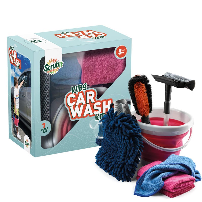 SCRUBIT Kids Car Wash Activity Kit 7 KidSized Carwash Accessories Gifts for Boys Girls Ages 5 6 7 810 Outdoor Fun Toys Set Includes Bucket Squeegee Microfiber Mitt Wheel Brush 3 Cleaning Cloths - Image 2