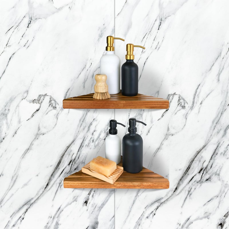 ENKEZI Acacia 2,3 Tiers Corner Shower Shelf, Triangular Corner Shelf Wooden Bathroom Shelf for Tiled Wall, Shower Corner Shelf, No Drilling Requied (2) - Image 1