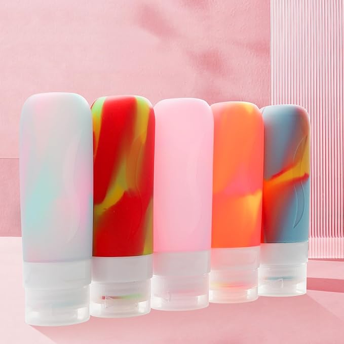 HEYMKGO Silicone Travel Bottles for Toiletries 90ml Travel Containers Set with Labels Includes Mirror and Foldable Comb Refillable Travel Kit Squeeze Empty Bottles for Shampoo Conditioner Shower Gel