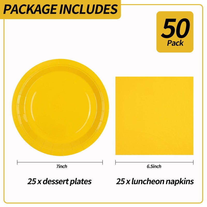 Hfbobp 50Pcs Yellow Paper Plates And Napkins Decorations  7Inch Solid Yellow Dessert Plates Disposable Cake Plate Tableware Set Party Supplies For Birthday Anniversaries Baby Shower Wedding - Image 3