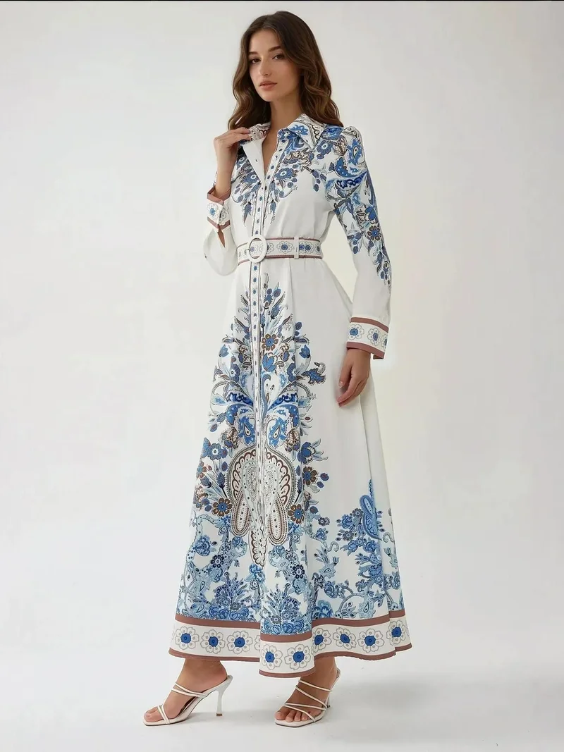 زوبعة فستان ماكسي طويل الأكمام مطبوع بحزام