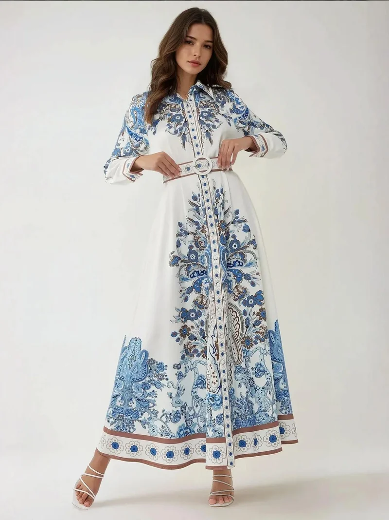 زوبعة فستان ماكسي طويل الأكمام مطبوع بحزام