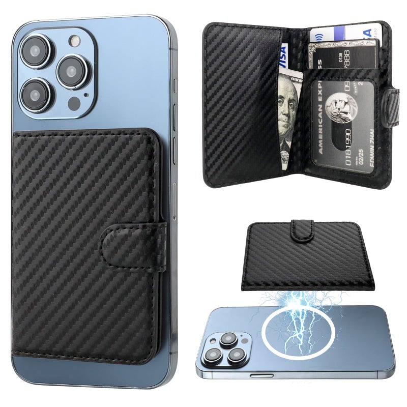 Bocasal for MagSafe Wallet Magnetic Card Holder RFID Blocking Leather Card Slots for iPhone 171615141312 ProMaxPlusAir Adjustable Kickstand Flip Mag Safe Wallet Carbon Filber Black - Image 2