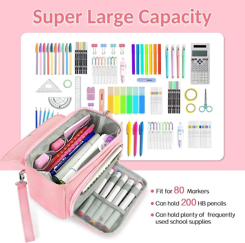 Sooez Super Large Pencil Case, Big Capacity Pencil Bag with 3 Compartments, Hold 200 pencils, Cute Pencil Pouch with Zipper, Portable Stationery Pen Bag, Aesthetic School Supplies For Girls, Pink - Image 4