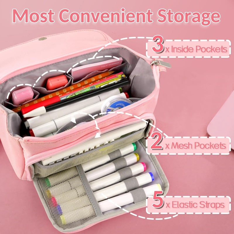 Sooez Super Large Pencil Case, Big Capacity Pencil Bag with 3 Compartments, Hold 200 pencils, Cute Pencil Pouch with Zipper, Portable Stationery Pen Bag, Aesthetic School Supplies For Girls, Pink - Image 3