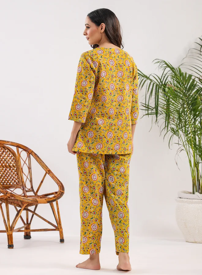 sanskrutihomes Mustard Printed Cotton Longline Top and Pants Set
