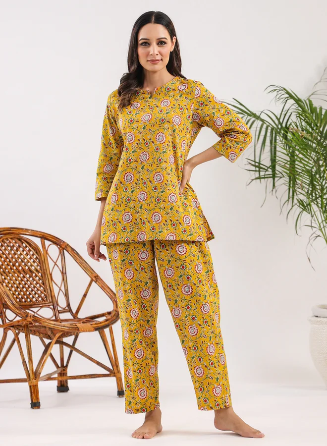 sanskrutihomes Mustard Printed Cotton Longline Top and Pants Set