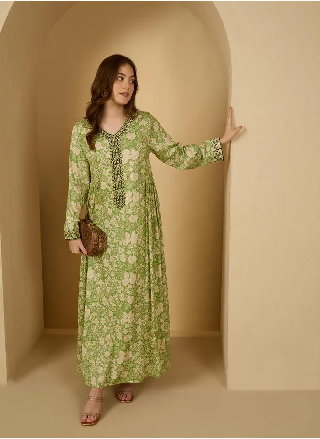أميرة Amirah Floral Print Lace Detail Pleated Jalabiya