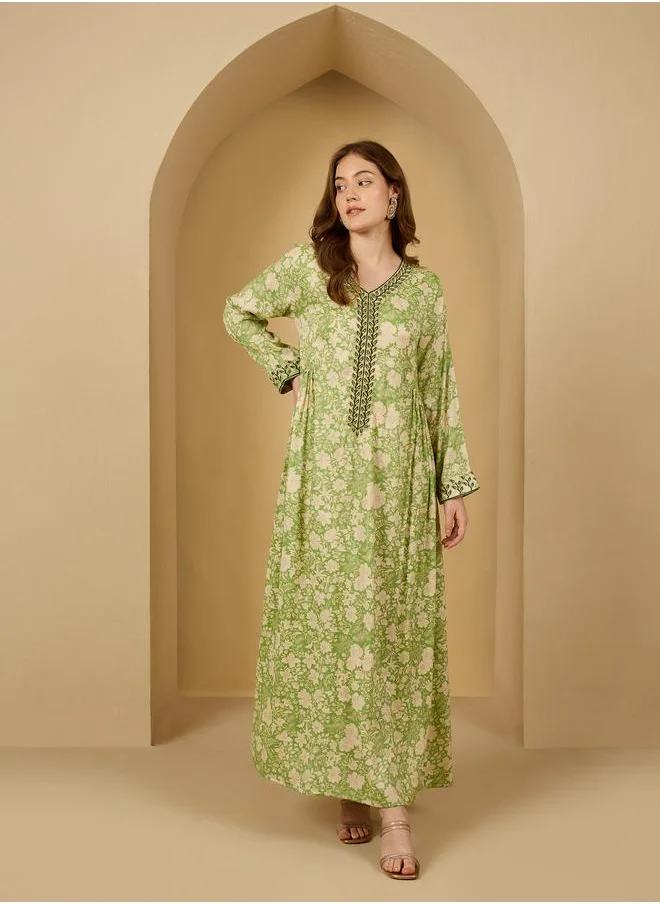 أميرة Amirah Floral Print Lace Detail Pleated Jalabiya