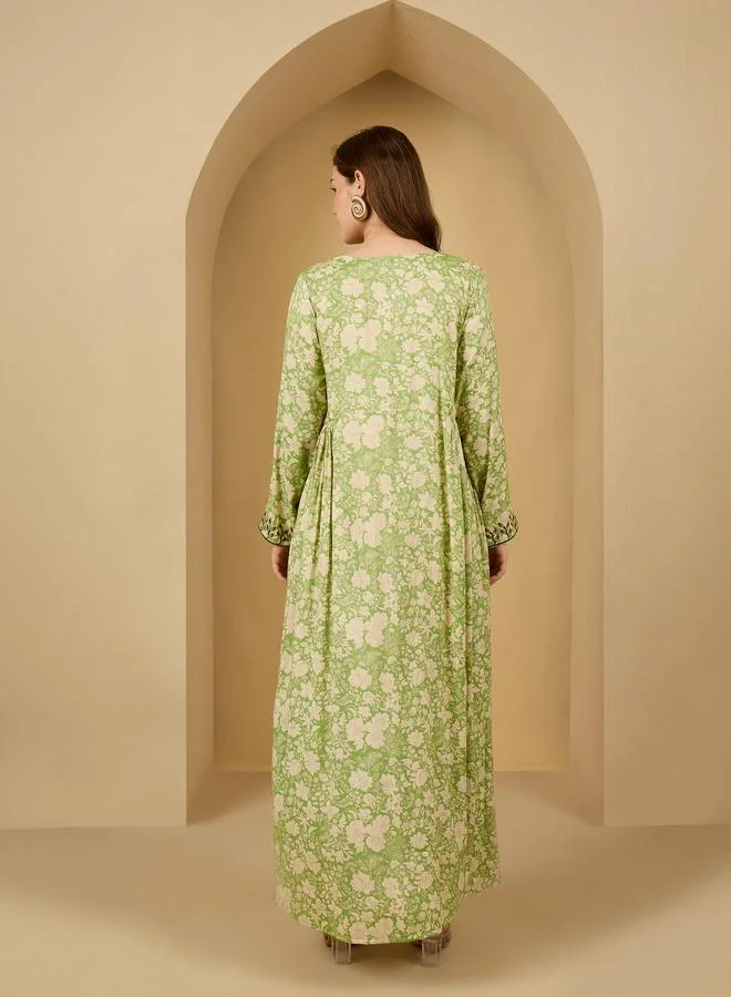 Amirah Amirah Floral Print Lace Detail Pleated Jalabiya