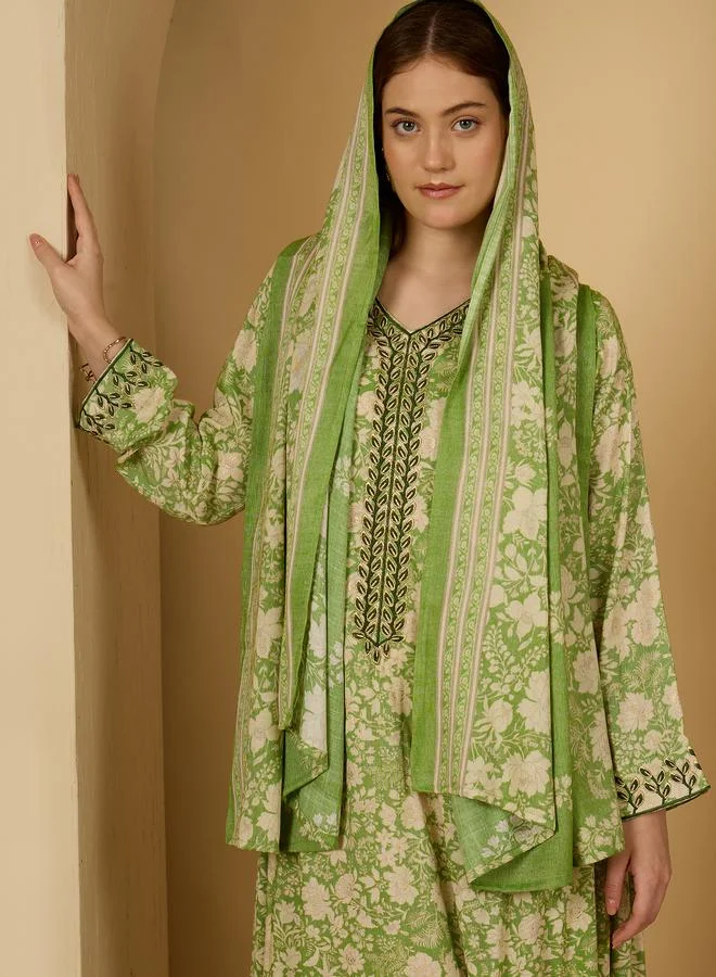 Amirah Amirah Floral Print Lace Detail Pleated Jalabiya