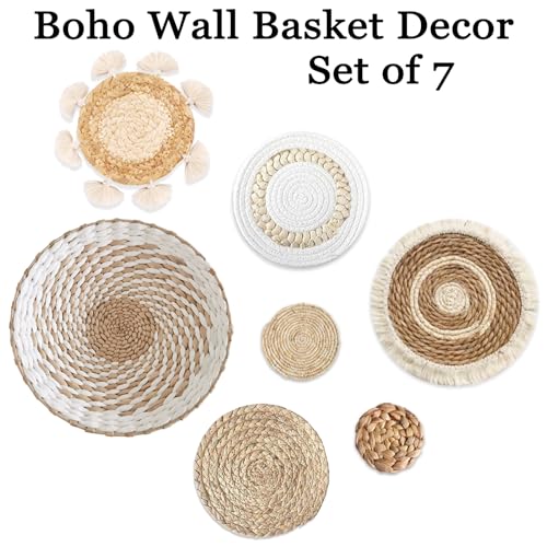 Dimpola 7 Pack Boho Wall Basket Decor - Seagrass Rattan Wicker Wall Decor Round Handmade Hanging Rustic Flat Elegant Wall Art for Farmhouse Living Rooms Bedrooms Display Table Settings Kitchen Home - Image 4